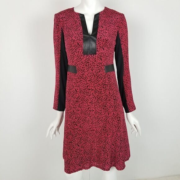 Nanette Lepore Womens Size 4 Pink & Black Leopard Print Silk Leather Trim Dress - Picture 1 of 6